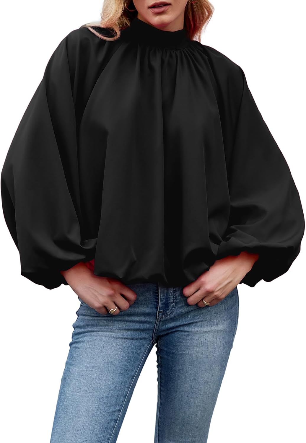 Skoinvb Womens Mock Neck Pleated Blouse Open Back Bow Tie Long Puff Sleeve Loose Fit Casual Shirt Cute Tops Fall