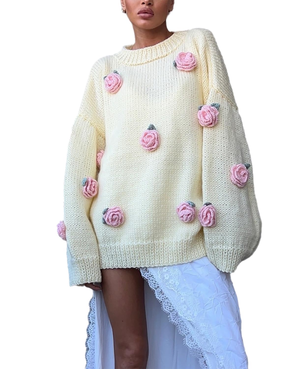 PDLCVD Damen-Pullover in Übergröße, handgefertigt, gehäkelter Aufkleber, 3D-Rose, Herbstpullover für Damen, Design inspirierter Pullover