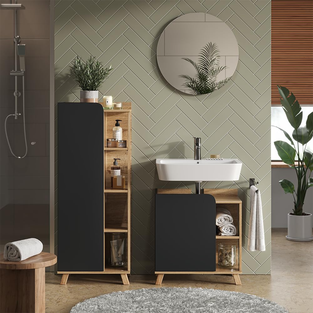 Vicco Mueble Midi Karen, Sonoma/Antracita, 50 x 128 cm con Puerta y Compartimentos Abiertos, para Guardar artículos de baño y Toallas