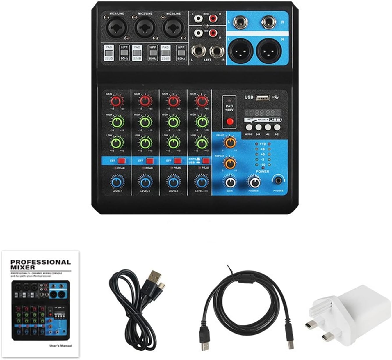 Audio Mixer 5 Channel BT Sound DJ Stereo Mixing Console USB for Performance Stage Podcasting Recording PC 48V Phantom Power Reverb Effects