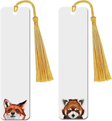 WIRESTER Juego de 2 marcadores de metal con borla dorada clara para estudiantes, lectores, profesores, amantes de los libros, zorro rojo, panda rojo