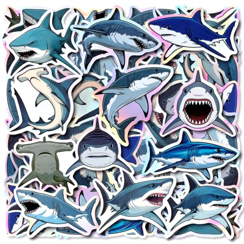 100pcs Holographic Shark Waterproof Vinyl Stickers - Cool Ocean Animal Decor & Party Favors for Laptop Water Bottle Classroom