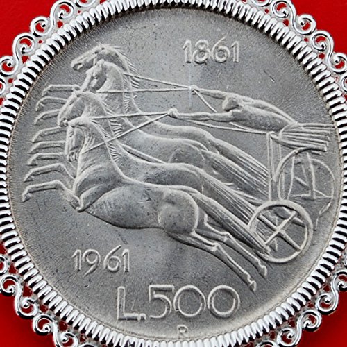 Miniatura 2 de 1961 Italy Unification Centennial 500 Lire BU Unc 83.5% Silver Coin 925 Sterling Silver Necklace NEW - Showing Reverse Quadriga