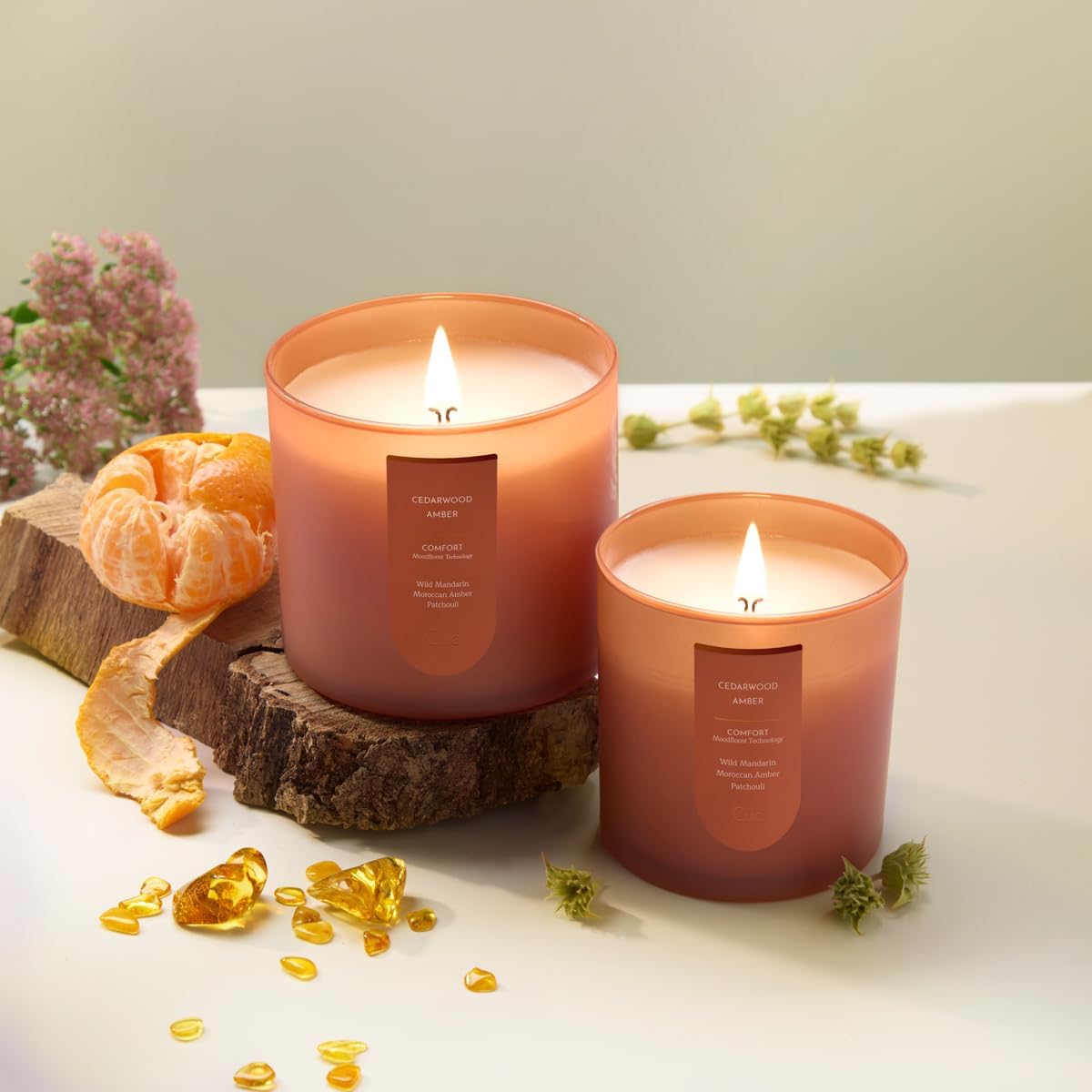 CUE Scented Candle |MoodBoost Essential Oils |OpenWick Clean Burning Candle | Soy Coconut Wax Blend | Candle for Home | Gift |Extended Burn Time (14oz, Cedarwood Amber)