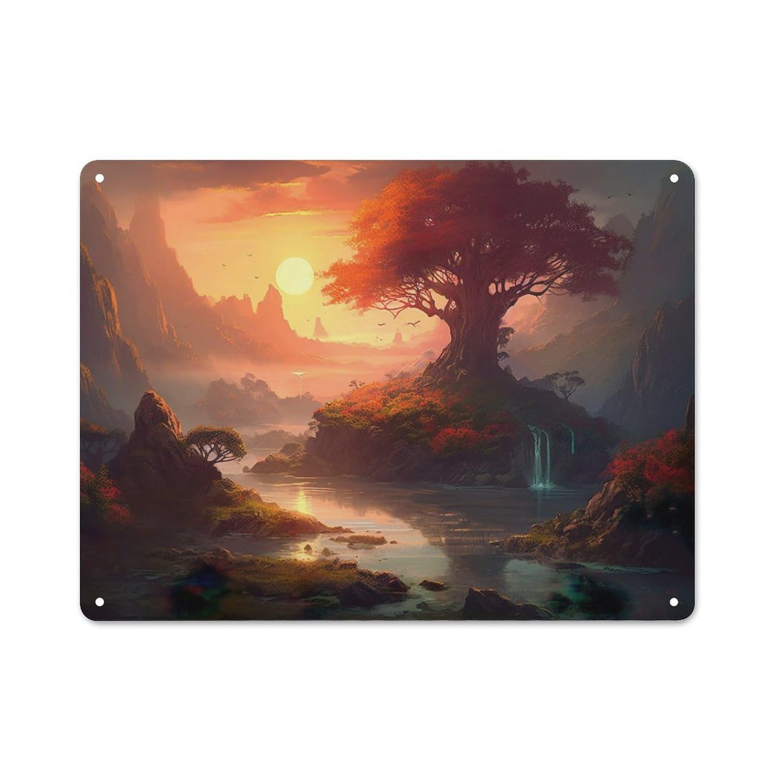 Junmoney Style-1 Classic Metal Plaque 30X40cm Featuring Fantasy Landscape Sunset, Bistro Wall Plaque For Kitchen, Cafe, Pantry Or Dining Room