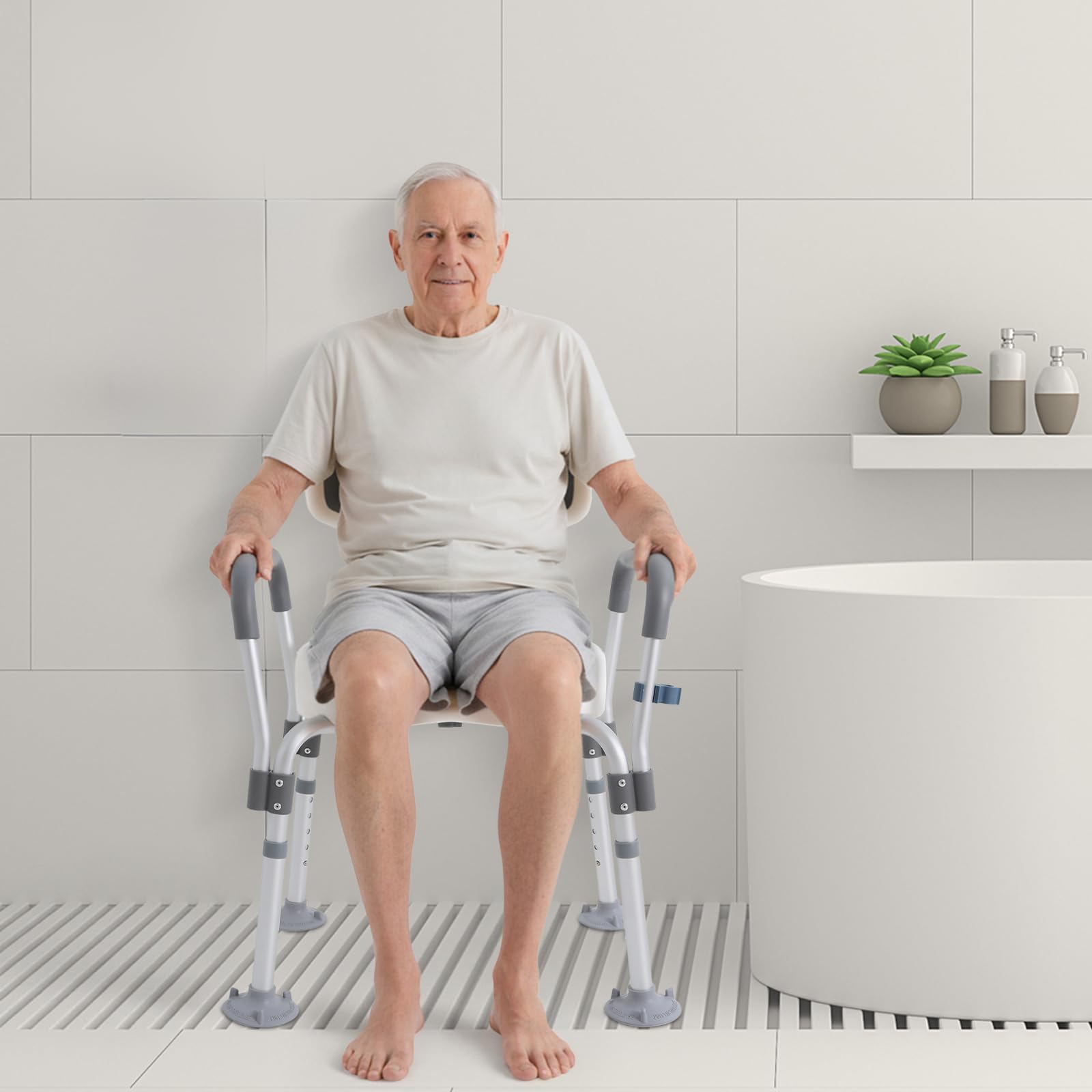 Silla de ducha para personas mayores y embarazadas, taburete de ducha con reposabrazos y respaldo, altura regulable, ayuda de ducha de aluminio, taburete de baño con ranuras y pies antideslizantes