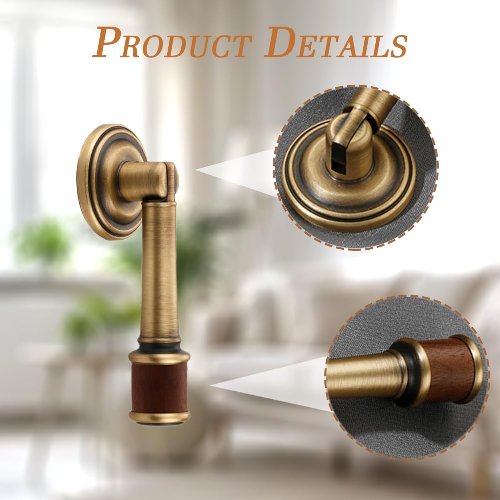 2Pcs Brass Walnut Drawer Pulls, Vintage Brass Cabinet Handles, Single Hole Cabinet Pull with Walnut Pendant, Retro Door Handle for Home Office Kitchen Cabinets Drawers Dresser Cupboard
