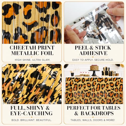 Image of Bupelo Cheetah Print Birthday Table Decorations, 2 Pcs Leopard Table Skirts | Tinsel Metallic, Leopard Birthday Decorations, Cheetah Print Party Decorations for Bachelorette Jungle Animal Party Supplies