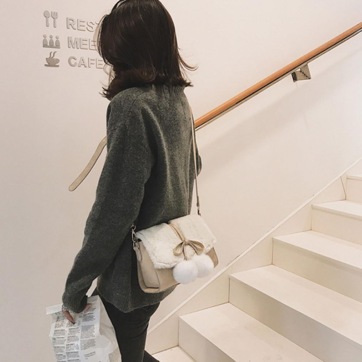 Plush Bowknot Crossbody Bag White Chic Shoulder Satchel