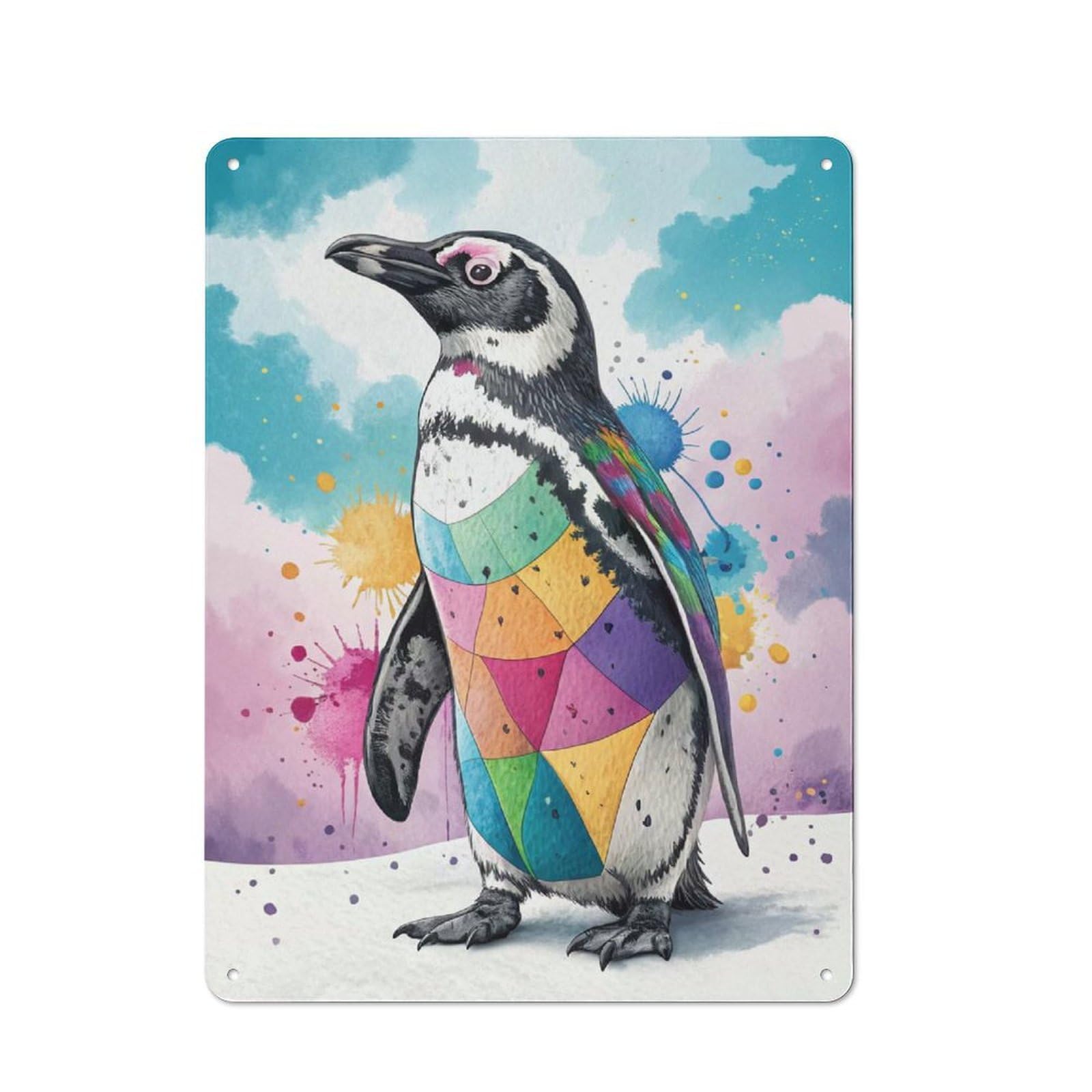 Junmoney Style-19 Tin Wall Plaque 40X30cm With Colorful Penguin Art For Studio Or Craft Room, Suited To Studio Decor Lovers