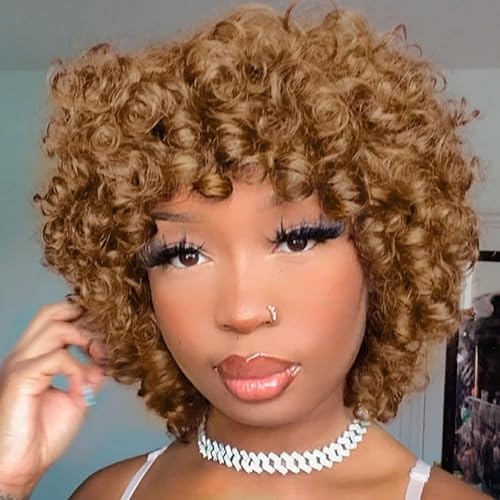Peluca rápida de cabello humano, peluca corta rizada estilo Bob para mujeres negras, sin encaje, peluca rizada grande con flequillo, pelucas