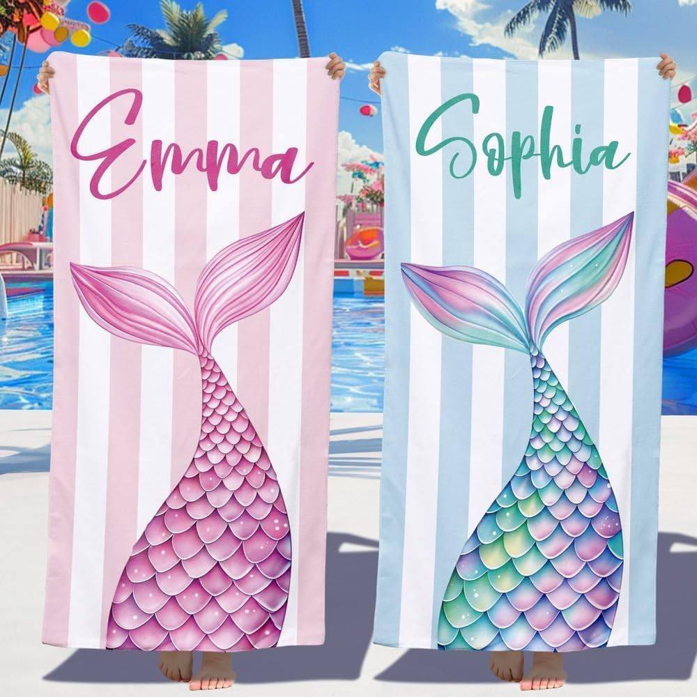 Loosusu Personalised Beach Towels for Kids - Custom Beach Towels with Monogram & Name- Ultra Absorbent Super Soft Striped Mermaid Pool Towels for Kids,Customised Bath/Swim/Beach Towel for Girls