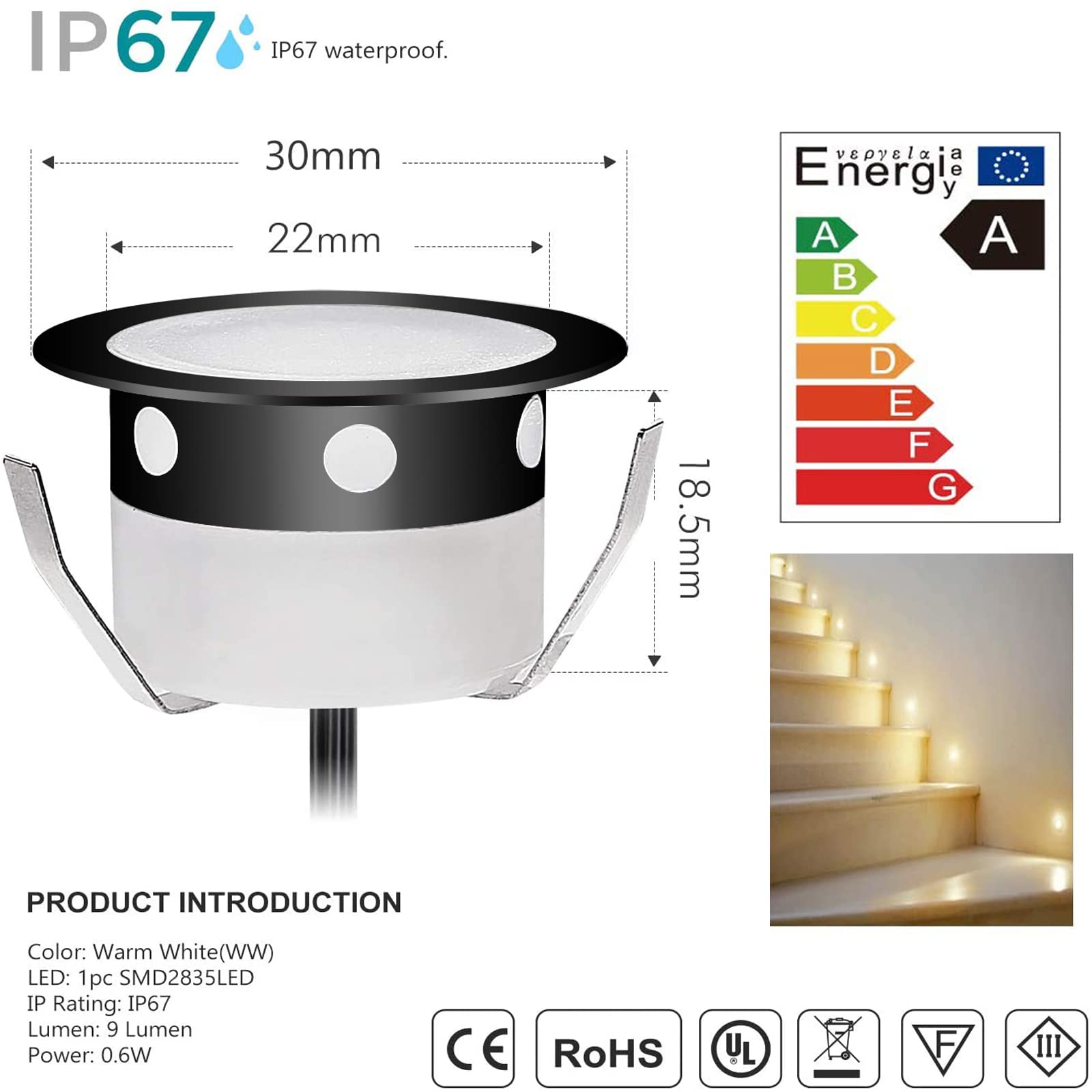 Spots LED Eclairage,Encastrable Extérieur IP67 Acier inoxydable Noir- Spots à Encastrer pour Terrasse Bois Plafond 0,6W DC12V lumière Spot LED Lampe Extérieur [ (blanc chaud, 30 kit)