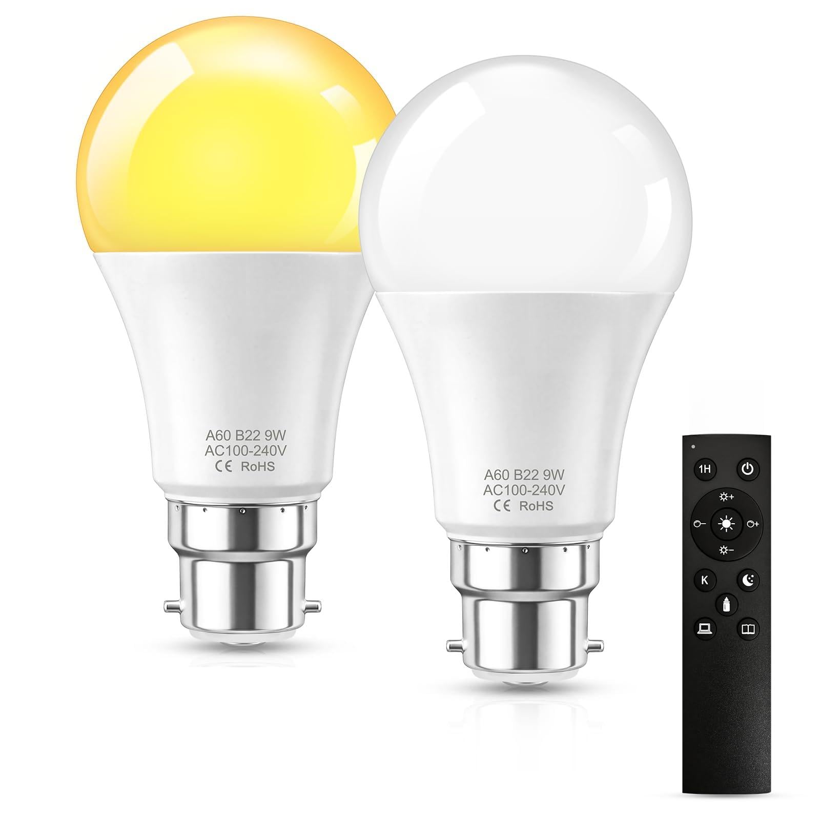 SCNNC A19 B22 Remote Control Light Bulb 9W 3 Colours Stepless Dimmable, 60W Incandescent Equivalent B22 LED Bulb with Remote Control Timer & Memory Function, 2 Bulbs & 1 Remote