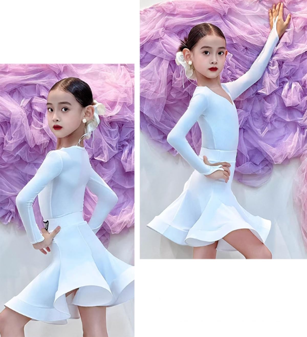Vestido Profesional de Baile Latino para niñas Ideal para Tango Salsa Samba y Bailes de salón Traje para competición o presentación en el Escenario,Blanca,180cm