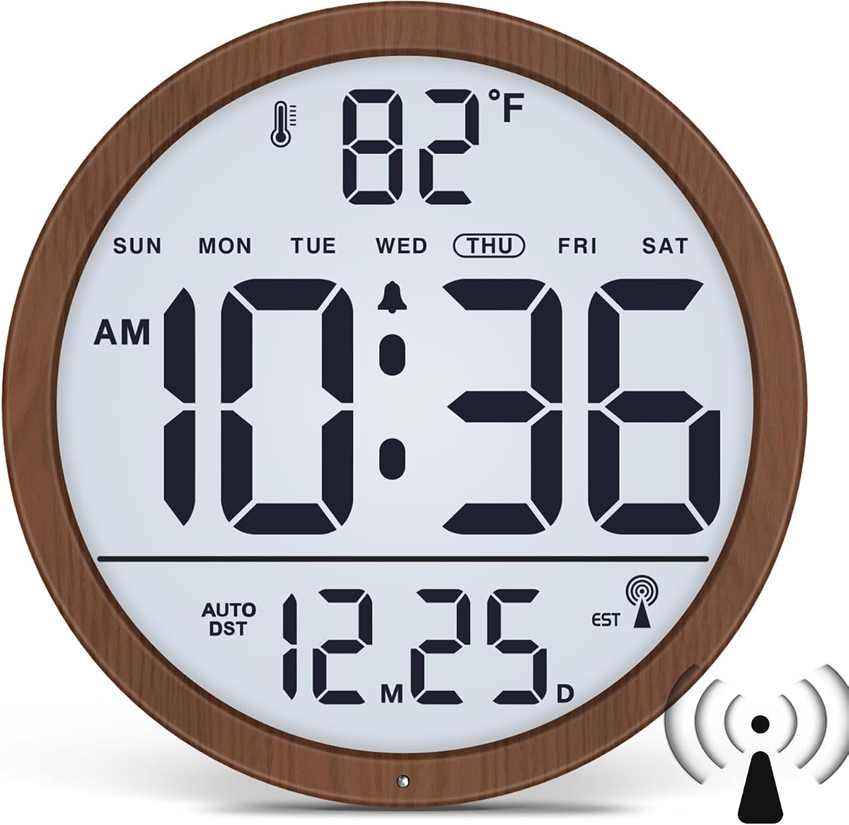 Backlit Atomic Clock, Self-Setting Digital Wall Clock, 8" | Battery Operated, Date & Temp Display, DST, Illuminated Display, Never Needs Setting