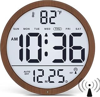 Backlit Atomic Clock, Self-Setting Digital Wall Clock, 8" | Battery Operated, Date & Temp Display, DST, Illuminated Display, Never Needs Setting