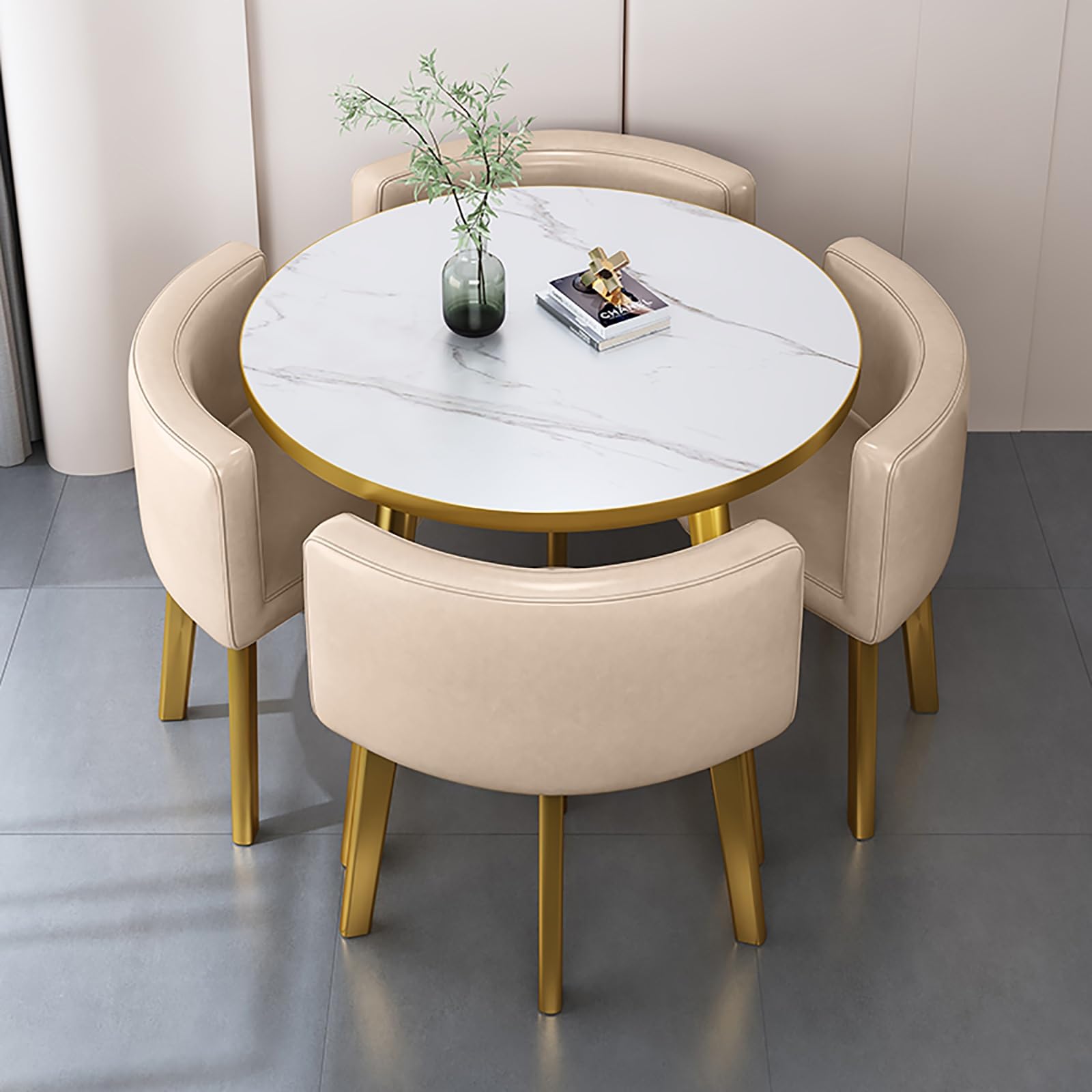 Round Dining Table Set for 4 with Marble Top and Chairs Office Reception Desk and Chair Set Suitable for Lounge Living Room Modern Furniture Dining Set,Light Brown-Round-Leather