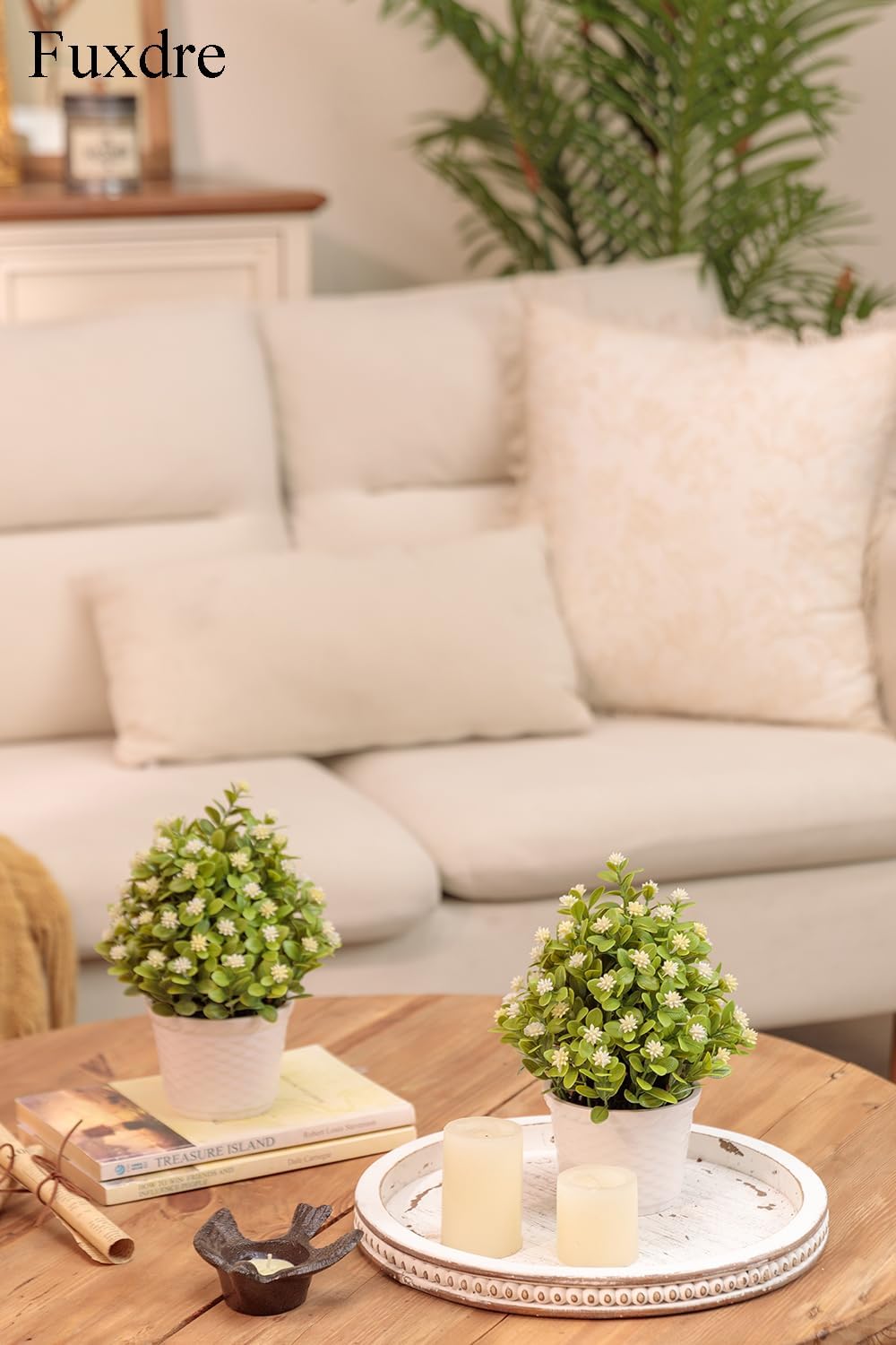 2 Pack Small Desk Plants, Artificial Bathroom Plants Decor with Flower in Vintage Plastic Pots, Faux Plants Indoor for Shelf Decor in Home Office, and Spring Decor (Ivory)