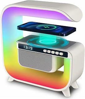 KEYET LED Table Lamp,15W LED Bedside lamp Bluetooth Speaker Atmosphere Light Dimmable Night Light Smart Mood Light 15W Wireless Charging Seven Breathing Light Modes,for Home & Office