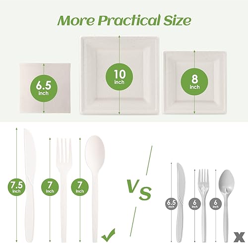 Miniatura 3 de Juego de platos de papel desechables compostables, 300 unidades, platos cuadrados y cucharas biodegradables resistentes de 10 pulgadas y 8 pulgadas,