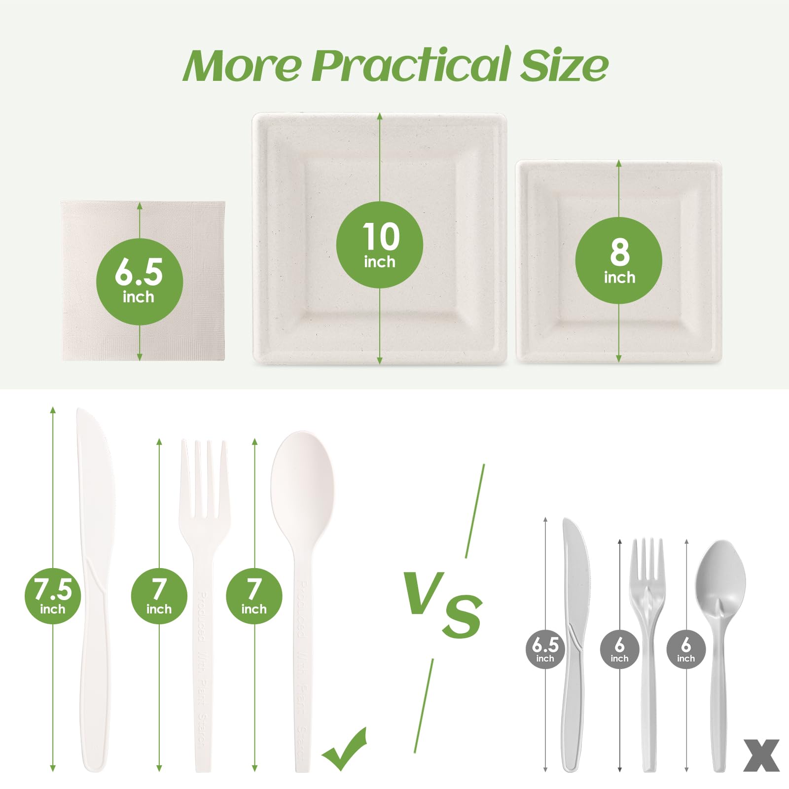 Set di piatti di carta usa e getta compostabili, 300 pezzi, 25,4 cm, 20,3 cm, resistenti, biodegradabili, piatti quadrati e cucchiai, forchette, coltelli, tovaglioli, ecologici, per feste