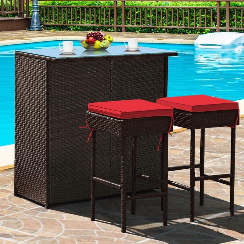 Image of OUTLIVING Patio Rattan Wicker Bar Table with Glass Top and 2 Cushion Stools | Multipurpose 2 Seater Outdoor Bar Set Furniture for Home, Garden, Porch, Backyard, Lawn and Poolside (Brown-Red)