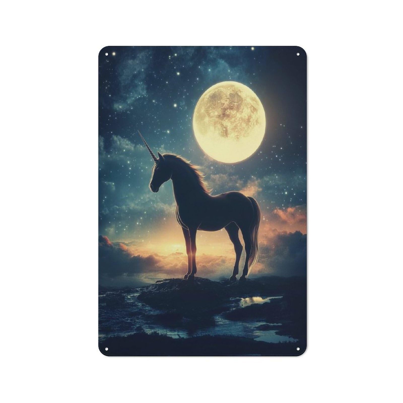 Tin Wall Plaque 30x20cm with Unicorn In Moonlight for Man Cave Or Games Room, for Garage, Workshop And Man Cave Decoration