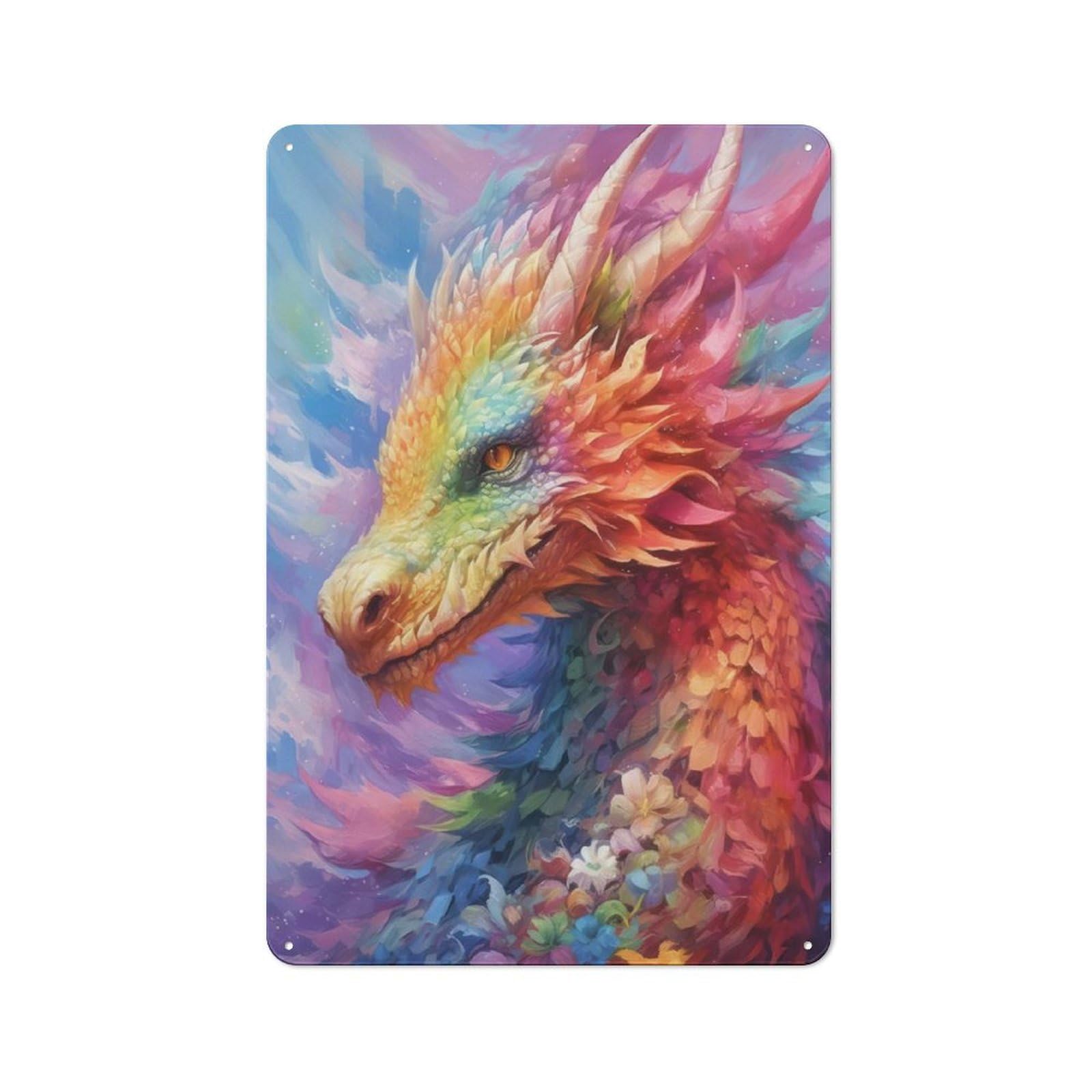 Junmoney Style-16 Tin Wall Plaque 30X20cm With Rainbow Flower Dragon For Garage Wall, Suited To People Furnishing A Garage