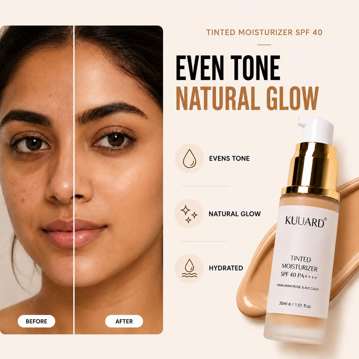 Kuuard Glow Tinted Sunscreen Moisturizer SPF 40++ With New-Age UV Filters, Brightens & Protects Skin, Ultra-light, Blends Easily, With Niacinamide, Natural Finish, Non-Sticky | Universal Shade | 30ml 2