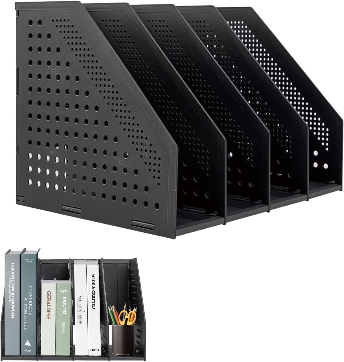 Folding Bookshelf Magazine Rack, 4 Vertical Compartments Magazine File ...