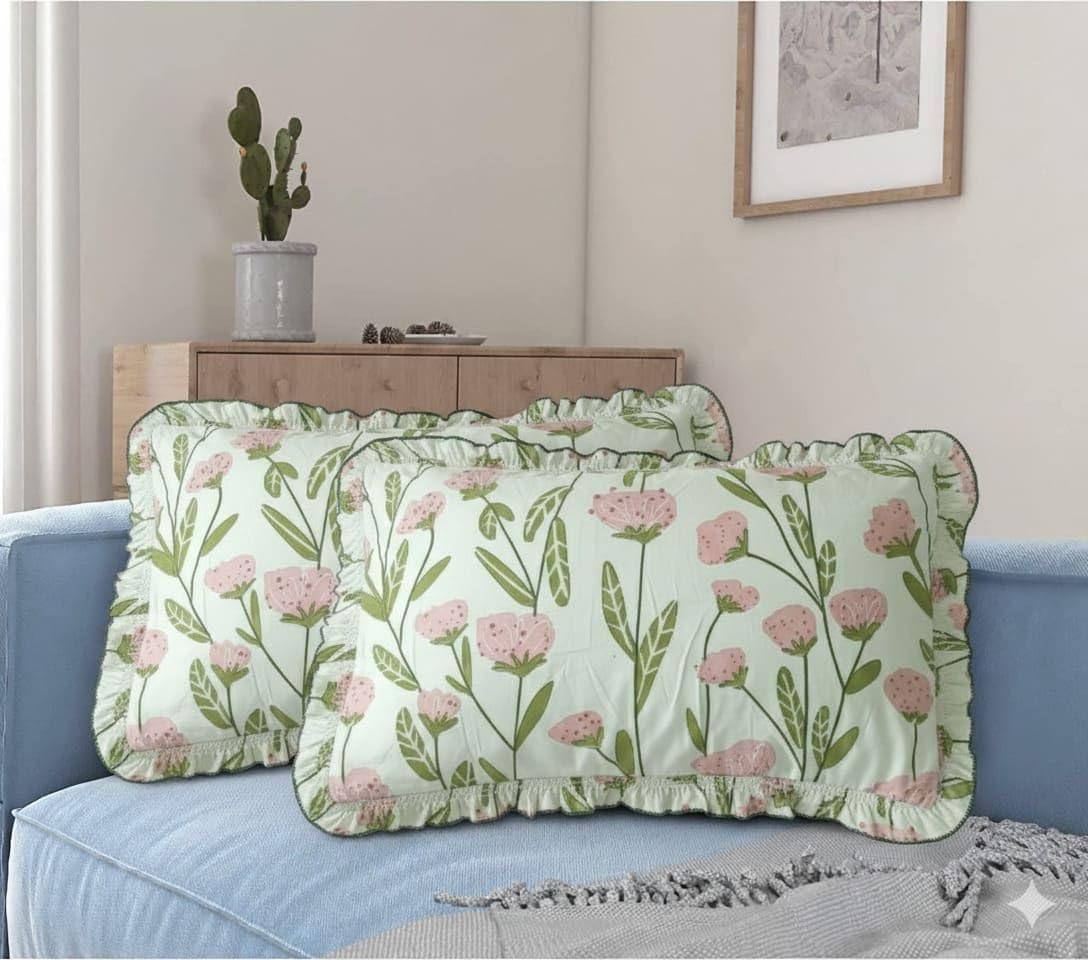 BLUEDOT Home Decorative Cotton Printed Frill Bed Pillow Covers||Set of 2||Zipper Closure||Cotton Pillow Cover-Cream-F4-image-14