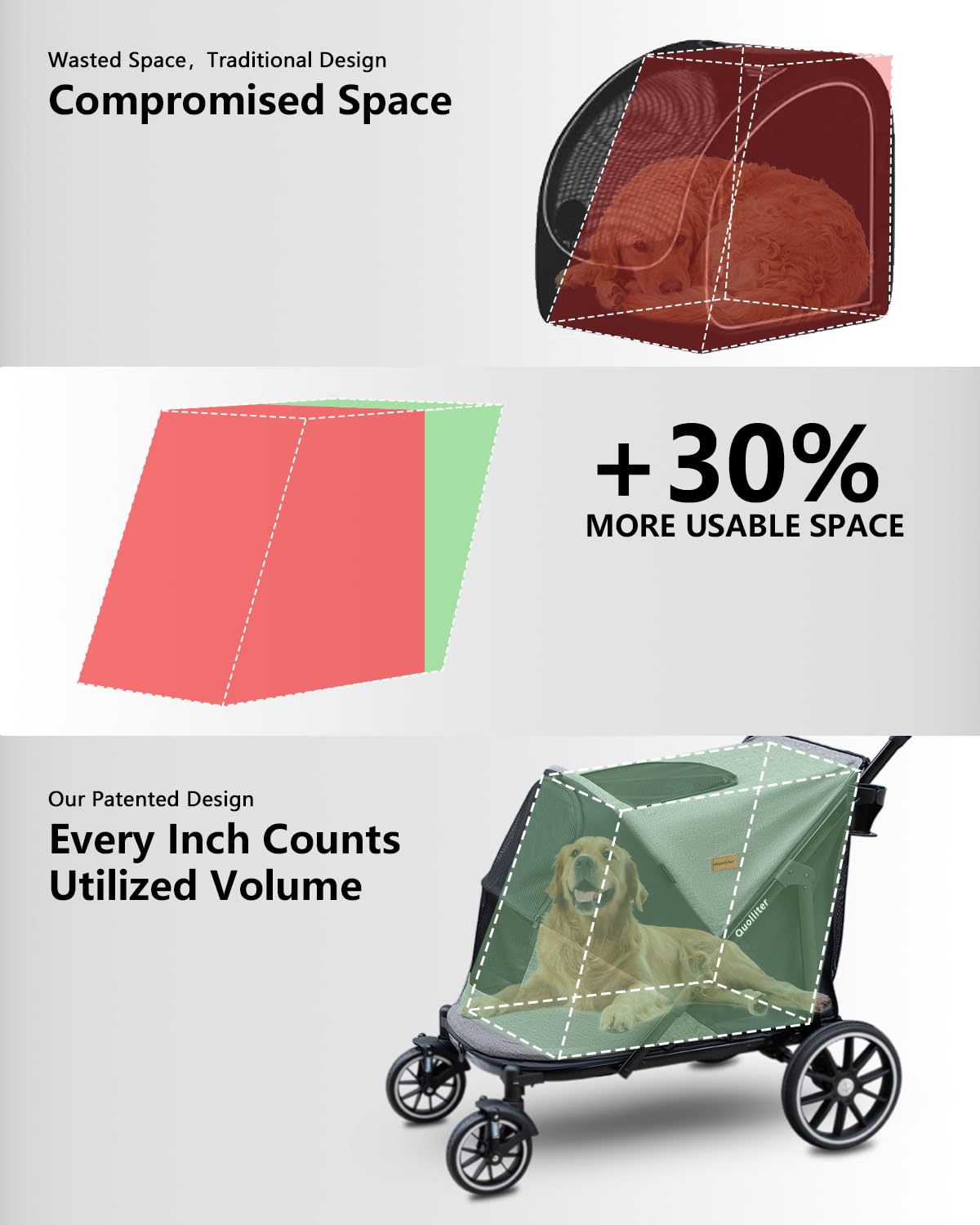 Passeggino pieghevole con un pulsante fino a 50 kg, per cani di grandi dimensioni, per 2 gatti di grandi dimensioni, ruote in gomma resistente all'usura a 360°
