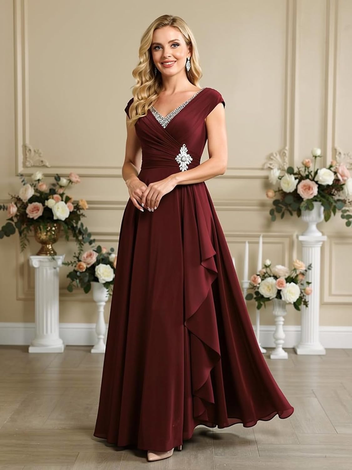 SNOWROSE Chiffon Mother of The Bride Dresses for Women V Neck Rhinestone Sequin Long Ruffle Formal Wedding Guest Dress
