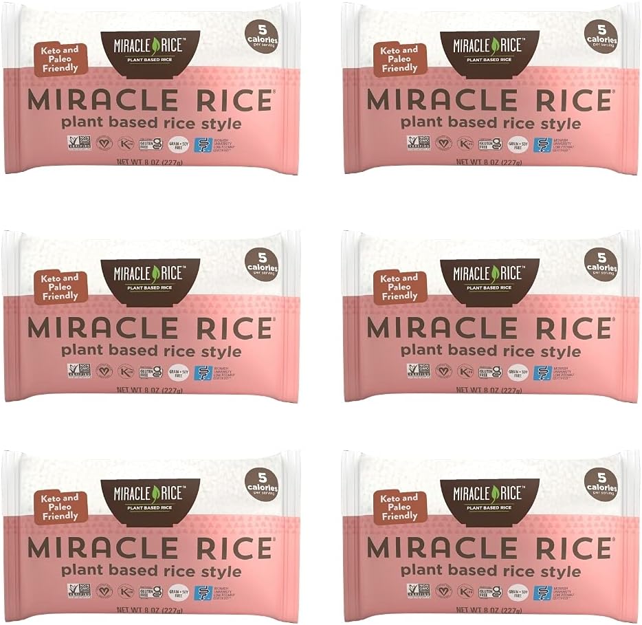 Miracle Noodle Miracle Rice, 8 Oz (Pack of 6), Plant Based Shirataki Konjac Rice, 5 Calories, 1g Net Carbs Per Serving, Keto, Gluten-Free