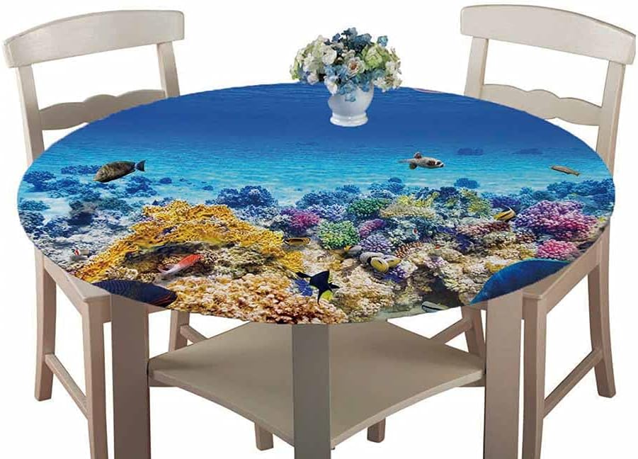 Chickwin Round Fitted Tablecloth Waterproof Dust-Proof Wipe Clean Underwater World Printed Table Cover Flannel Elastic Edged,Table Protector for Kitchen Patio Dining Room (Colorful coral,100cm)