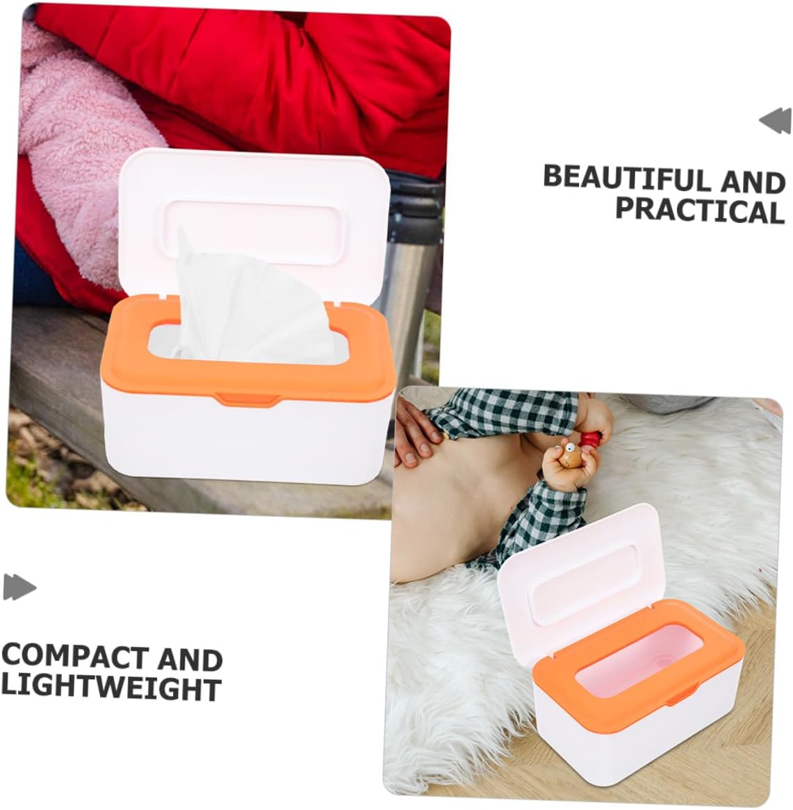MERRYHAPY Refillable Wipes Dispenser Box with Lid for Diaper Wipes, Portable Tissue Storage Holder, Sealed Moisture-Proof Container for Outdoor and Bathroom Use, 2pcs White and Orange