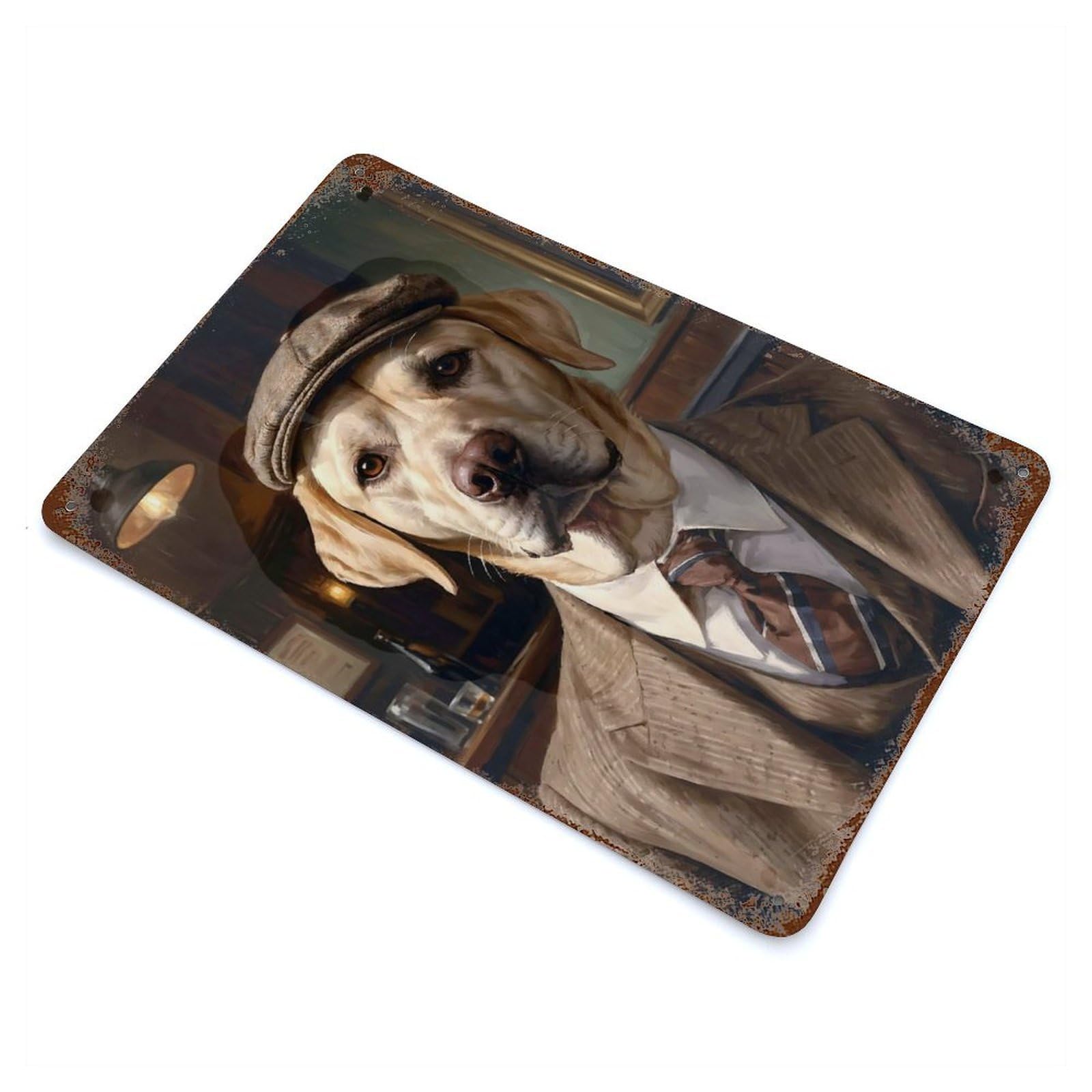 Rust Effect Blonde Labrador Dog Wearing A Suit in The Pub Decorative Tin Sign 11.8"x7.9", Rustic Home Decor for Cafe, Home Bar And Lounge Decor