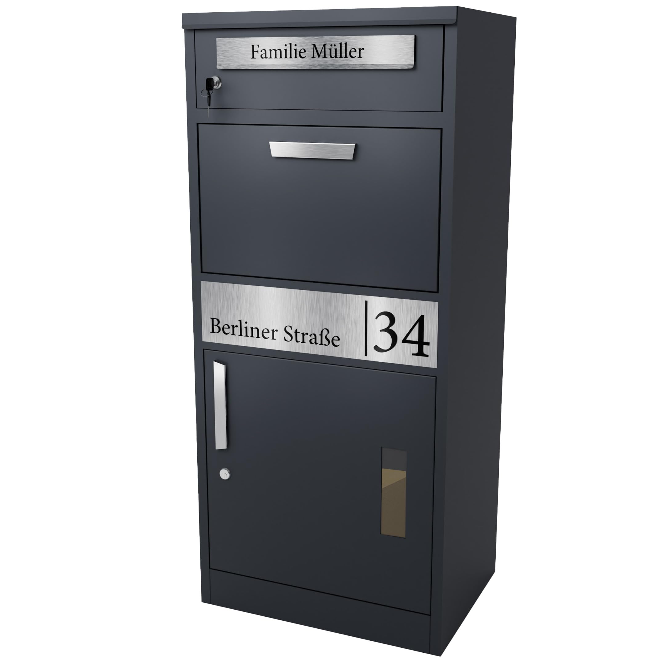 Bl4ckPrint® Briefkasten mit Paketfach personalisiert | XXL Paketbox für draußen groß | Paketbriefkasten in Anthrazit Postkasten Witterungsbeständig Rostfrei | Standbriefkasten für Pakete Wetterfest