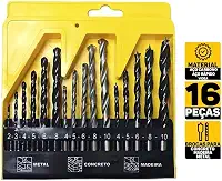 Jogo De Brocas Kit 16 Peças Com Estojo Madeira Ferro Concreto Metal Vidro Aço Para Furadeira e Parafusadeira