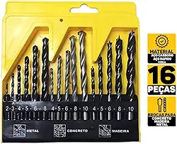 Jogo De Brocas Kit 16 Peças Com Estojo Madeira Ferro Concreto Metal Vidro Aço Para Furadeira e Parafusadeira