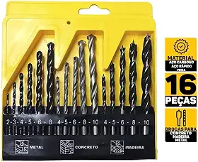 Jogo De Brocas Kit 16 Peças Com Estojo Madeira Ferro Concreto Metal Vidro Aço Para Furadeira e Parafusadeira