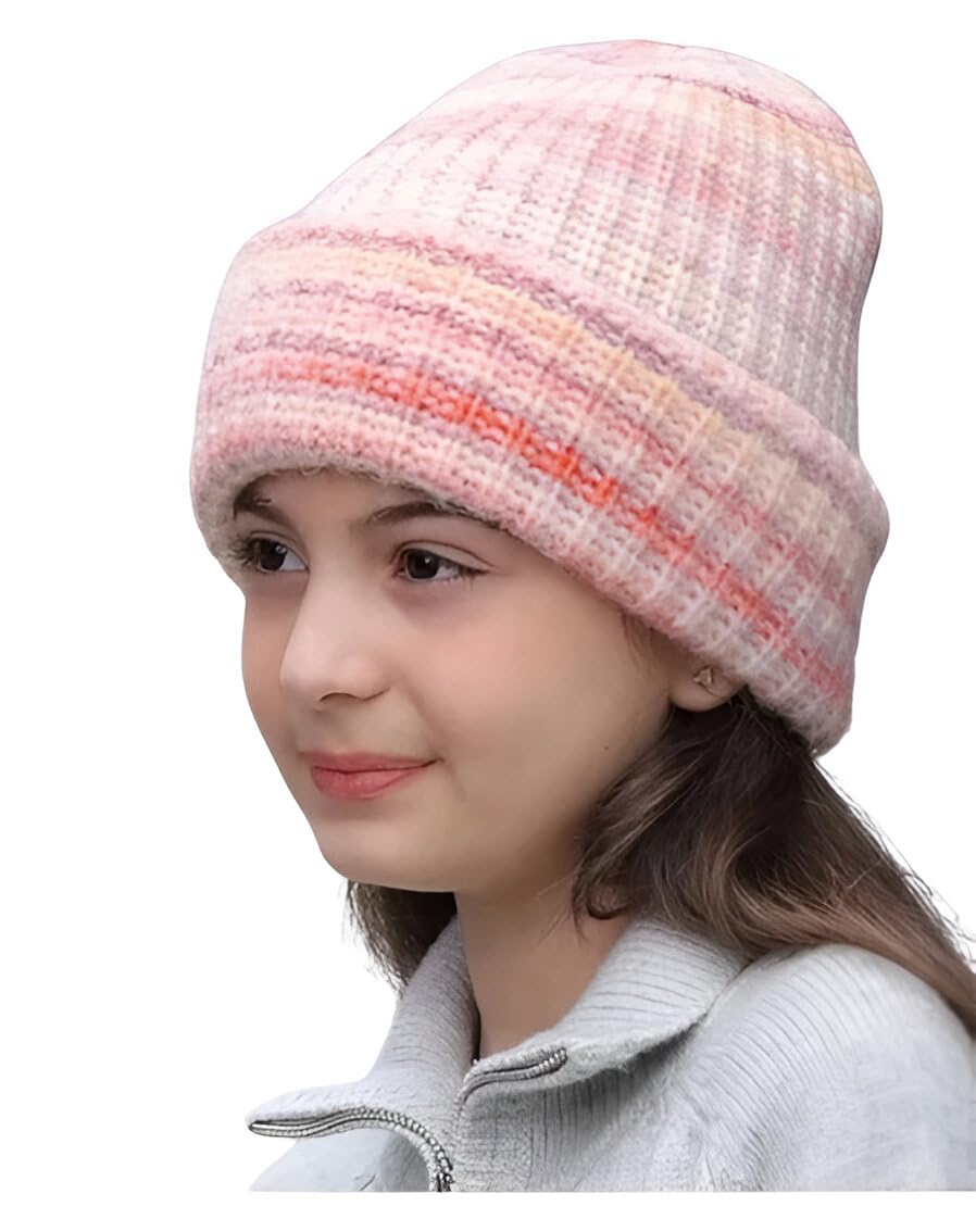 Ziory Striped Knitted Winter Woolen Warm Cap for Kids - Pink