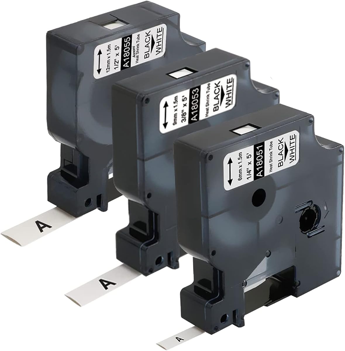 3-Pack Replace for DYMO Rhino 18051 18053 18055 (1/4", 3/8", 1/2") | Compatible with Rhino Heat Shrink Labels Tube for DYMO Rhino 4200 5200 5000 Industrial Label Maker, Black on White, 4.9 Feet