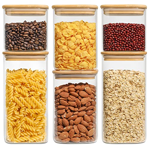 Image of Glass Square Food Storage Container With Airtight Bamboo Lid, Set of 6 Stackable Kitchen Pantry Clear Canisters For Cookie, Candy, Sugar, Coffee Bean, Pasta, Nuts (22oz /37oz /50oz)