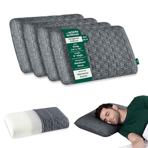 The White Willow Memory Foam Pillow – Set of 4, King Size, Medium Firm Orthopedic Pillow for Neck & Shoulder Pain Relief, Cervical Support, Back, Side & Stomach Sleepers, 5" Thick, Grey