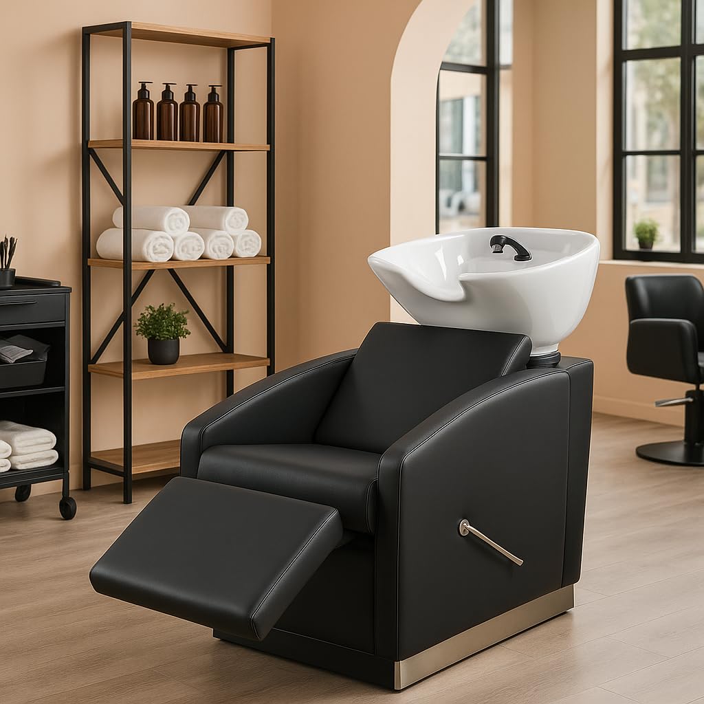 Italian Design - Lavacabezas de Peluquería Profesional Straight Line - Diseño Moderno y Funcional - Asiento Ergonómico y Acolchado, Cuba Basculante de Cerámica y Estructura Robusta - Color Negro