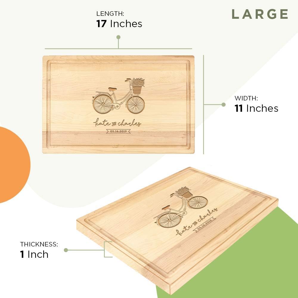 Flower Bike-Personalized Wooden Cutting Board for Kitchen Juice Groove Natural Custom Engraved in USA, Housewarming Wedding Engaged Couples (Maple 11x17)