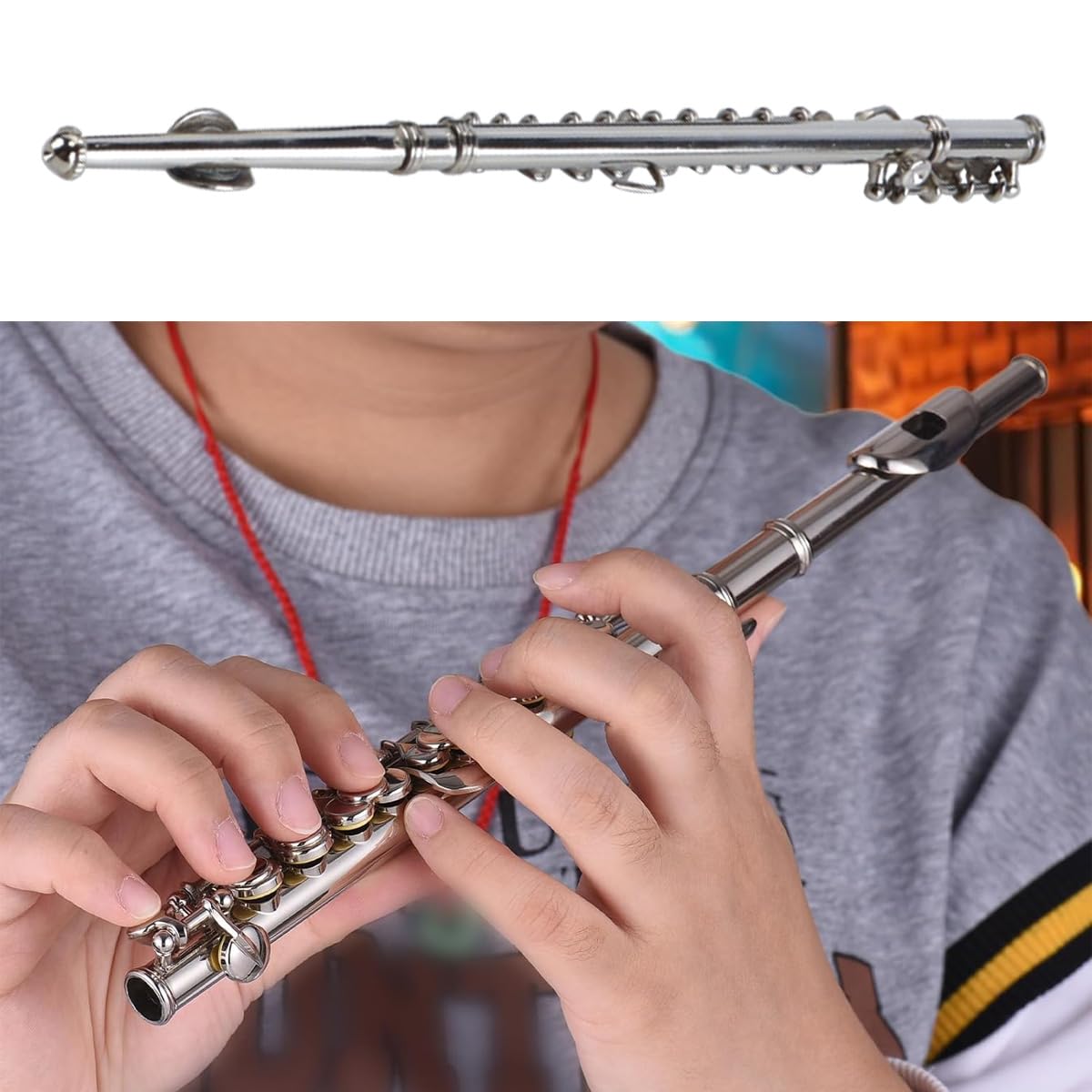 Mini Flauta Con Soporte Y Estuche, Modelo De Flauta En Miniatura De Cobre, Instrumento Musical Plateado, Muebles Para Casa De Muñecas, Accesorios De Decoración (14 Cm)