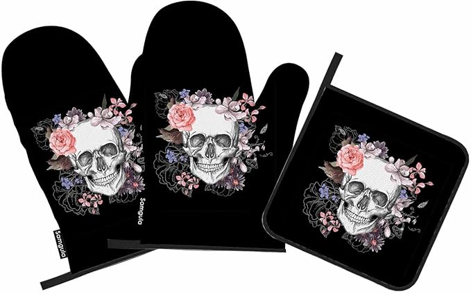 Skull Flowers Oven Mitts and Pot Holders Sets Day of The Dead Retro Heat Resistant 3pcs for Cooking Baking BBQ